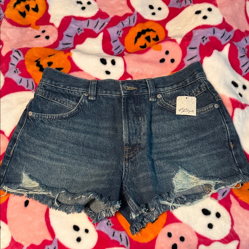 Frayed Hem Dark Blue Denim Shorts - Women's free people we the free now or never